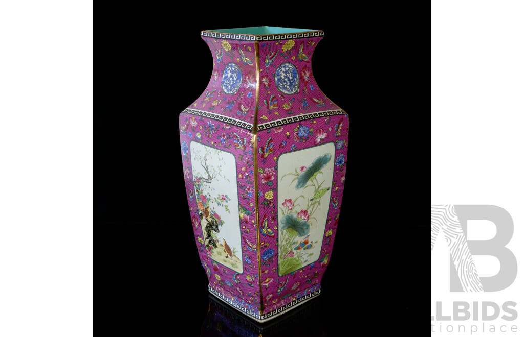 Large Chinese Hand Decorated Porcelain Vase with Scenes of Quail on Famille Rose Ground in Presentation Box