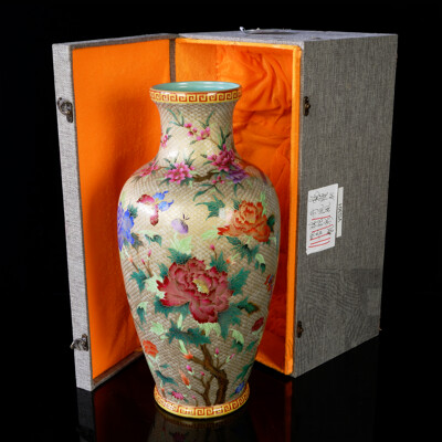 Large Chinese Hand Decorated Porcelain Baluster Vase with Gold & Floral Decoration, in Presentation Box