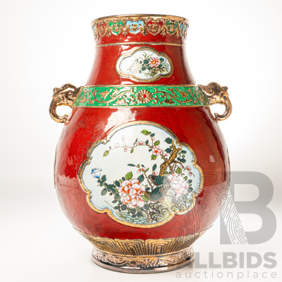 Large Chinese Hand Decorated Porcelain Vase with Twin Elephant Form Handles & Avian Theme, in Presentation Box