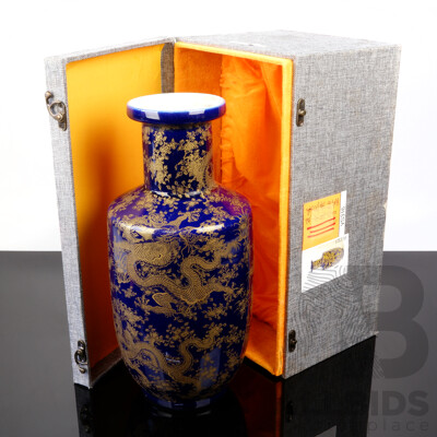 Large Chinese Hand Decorated Porcelain Vase with Gold Five Claw Dragons on Blue Ground in Presentation Box