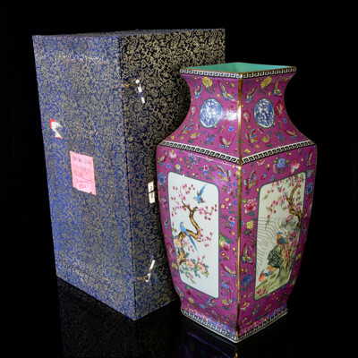 Large Chinese Hand Decorated Porcelain Vase with Scenes of Quail on Famille Rose Ground in Presentation Box