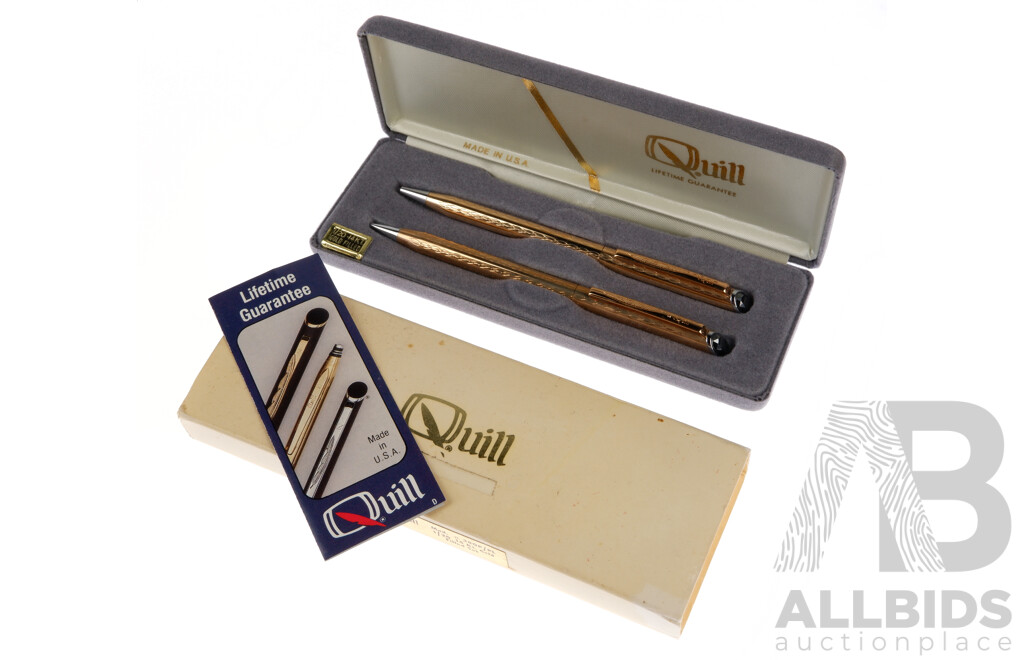 Quill American Made 14 Kt Gold Filled Retractable Ball Point Pen and Pencil in Original Case