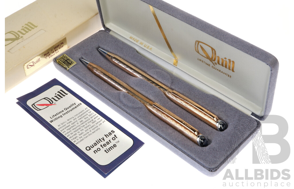 Quill American Made 14 Kt Gold Filled Retractable Ball Point Pen and Pencil in Original Case