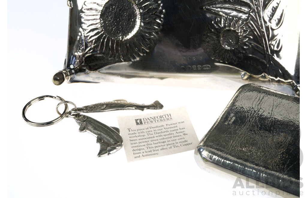 Antique Silver Plate Handled Tray with Floral Repoussé Detail, Danforth Pewter Dual Trout Form Key Ring & Selangor Pewter Hip Flask