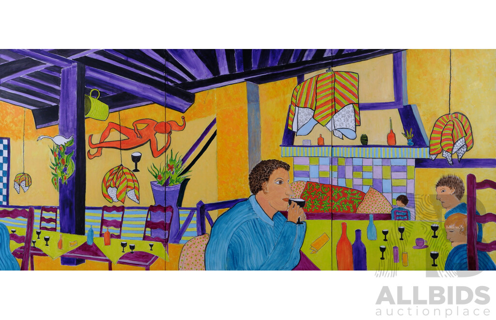 Ruth Lathlean, (20th Century, Australian), Wine with Friends, Lovely Bright Triptych, Acrylic on Canvas, 102 x 229 cm (canvases Together)