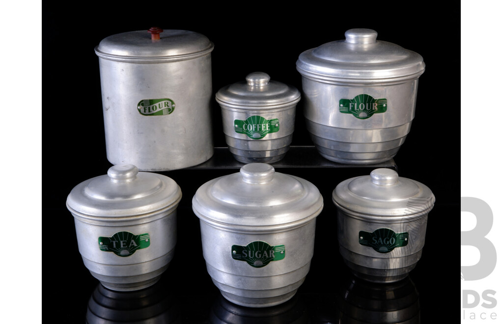 Vintage Art Deco Set Five Graduating Aluminum Lidded Canisters Along with One Other Example