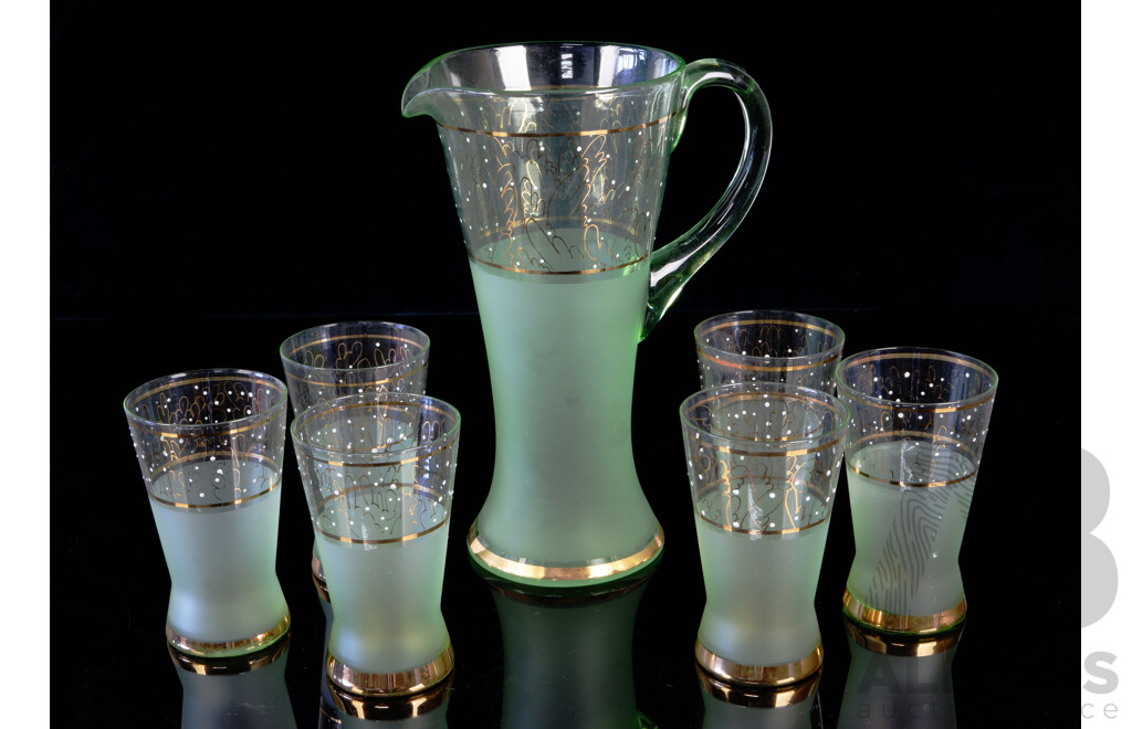 Vintage 1930s Lemonade Green Depression Glass Pitcher with Six Matching Tumblers