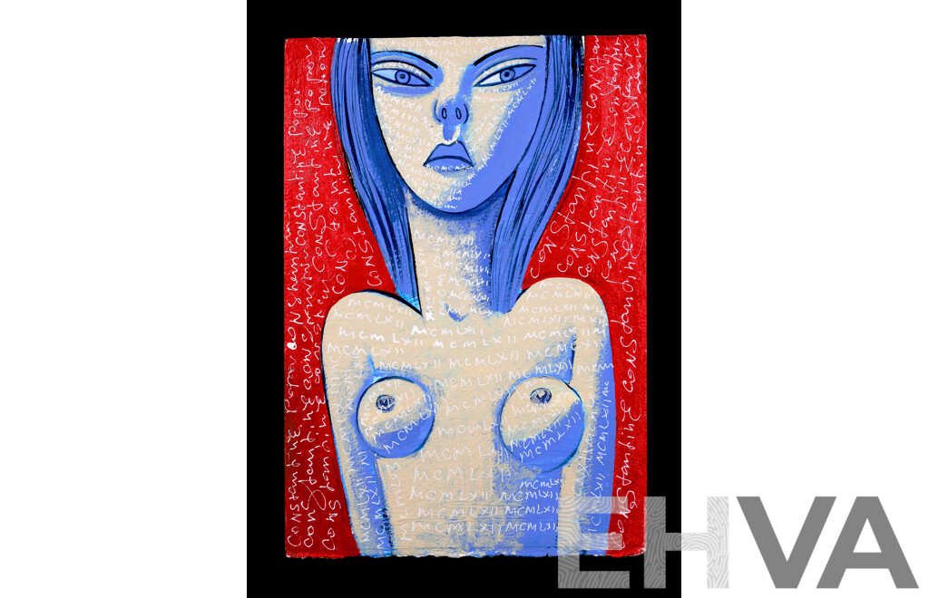 Constantine Popov, (20th Century, Russian Australian, 1962-), Wonderful Popov Blue Girl on Red, Acrylic on Card Featuring Unique Half Finished Working Sketch (!) Verso