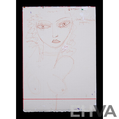 Constantine Popov, (20th Century, Russian Australian, 1962-), Wonderful Popov Blue Girl on Red, Acrylic on Card Featuring Unique Half Finished Working Sketch (!) Verso