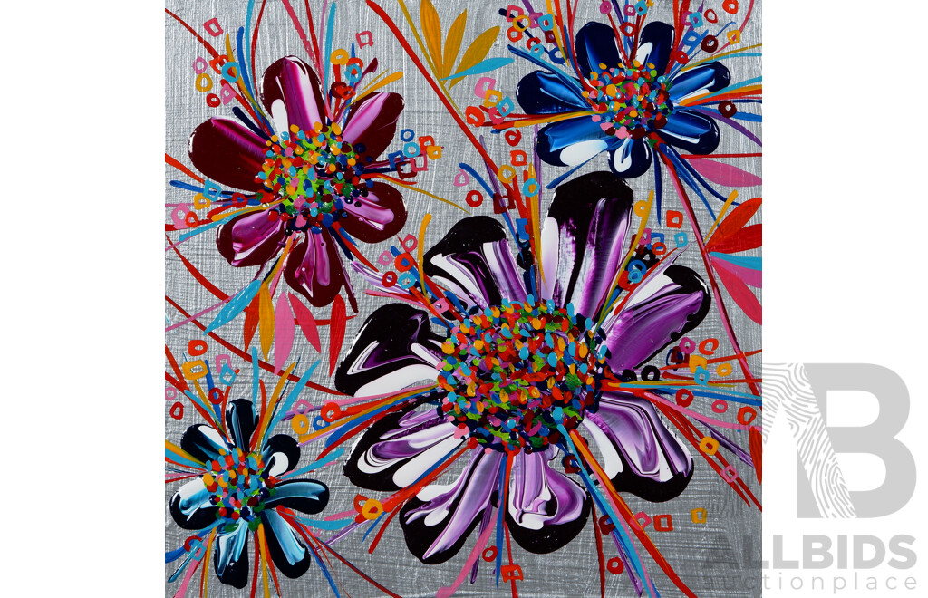 Constantine Popov, (20th Century, Russian-Australian, 1962-), Blooming Flowers, Acrylic and Silver Paint on Wood Panel, 20 x 20 cm