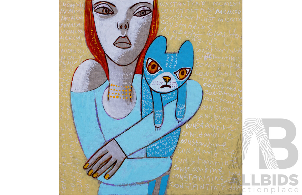 Constantine Popov, (20th Century, Russian-Australian, 1962-), Nobody Loves You The Way I Do - Girl with Blue Cat, Acrylic on Canvas, 30.5 x 30.5 cm