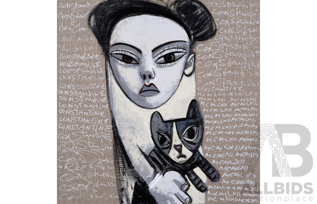 Constantine Popov, (20th Century, Russian-Australian, 1962-), Girl with Cat on Grey Background, 30.5 x 30.5 cm