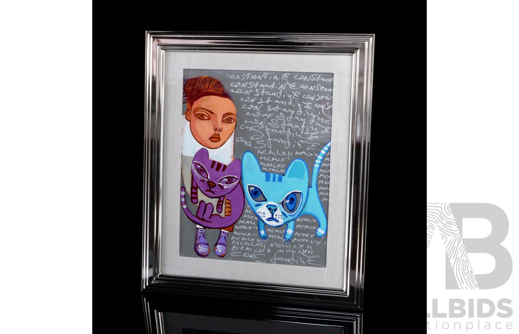 Constantine Popov, (20th Century, Russian-Australian,1962-), Girl with Purple & Blue Cat, Acrylic on Card, Brand New David Jones SIlver Plate Frame in Original Box, 35 x 30 cm (frame)