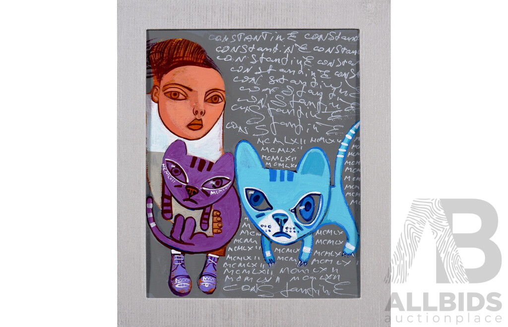 Constantine Popov, (20th Century, Russian-Australian,1962-), Girl with Purple & Blue Cat, Acrylic on Card, Brand New David Jones SIlver Plate Frame in Original Box, 35 x 30 cm (frame)