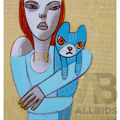 Constantine Popov, (20th Century, Russian-Australian, 1962-), Nobody Loves You The Way I Do - Girl with Blue Cat, Acrylic on Canvas, 30.5 x 30.5 cm