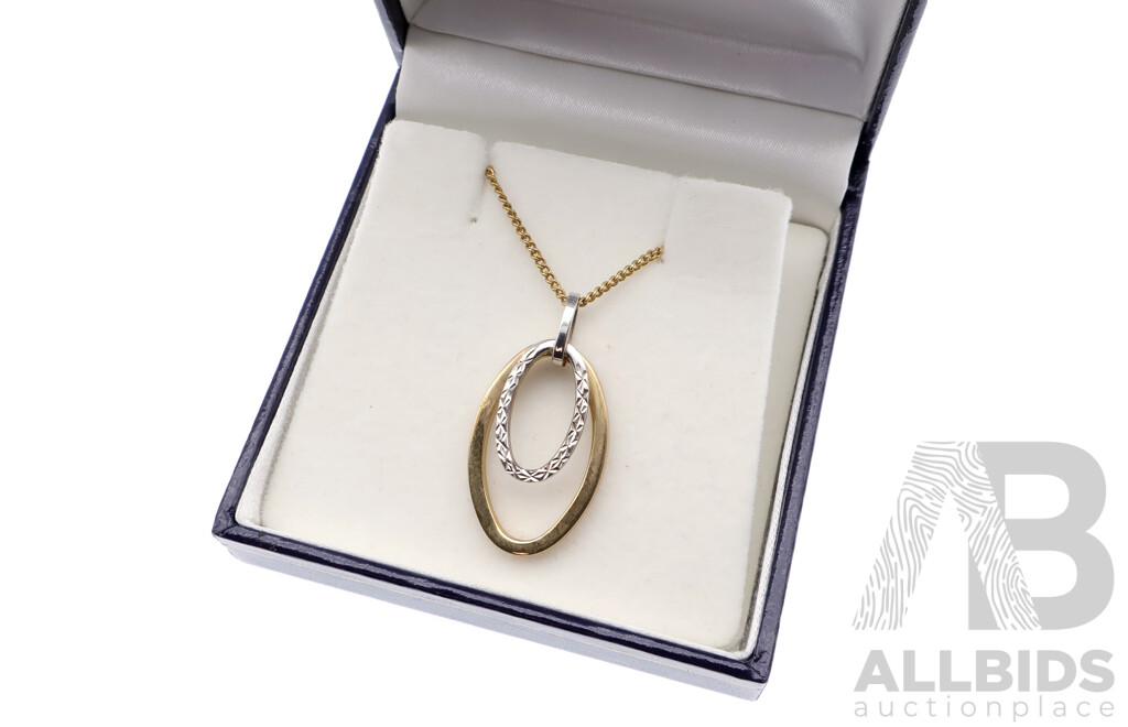 Prouds 9ct Yellow & White Gold Double Oval Pendant, 30mm Long, Boxed with Presentation Chain, 1.47 Grams