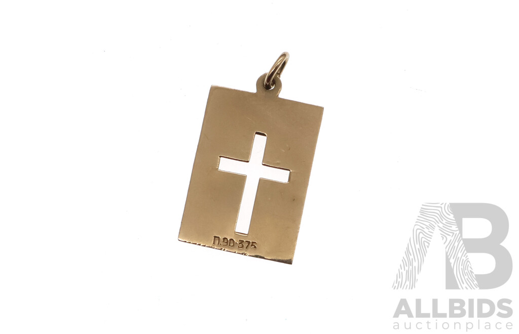 9ct Rectangular Etched Cross Pendant, 18mm X 13mm, 0.90 Grams