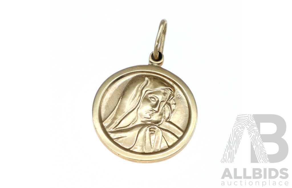 9ct Mother Mary Medallion Pendant, 15mm Diameter, 3.0 Grams