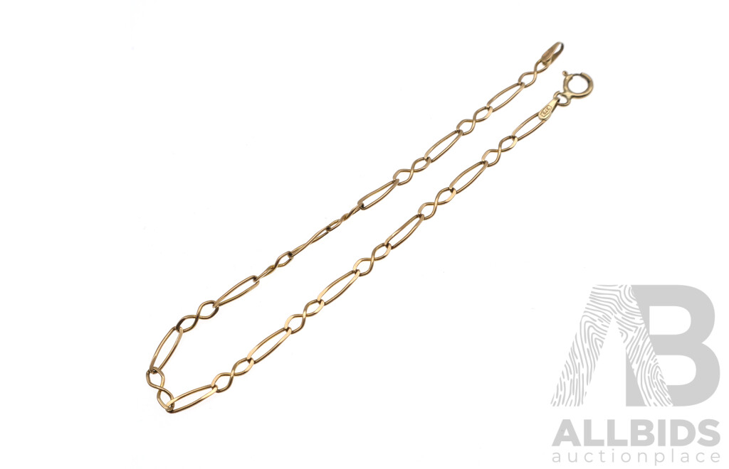 9ct Figaro 1+1 Bracelet, 2.3mm Wide and 18cm Long, 1.33 Grams