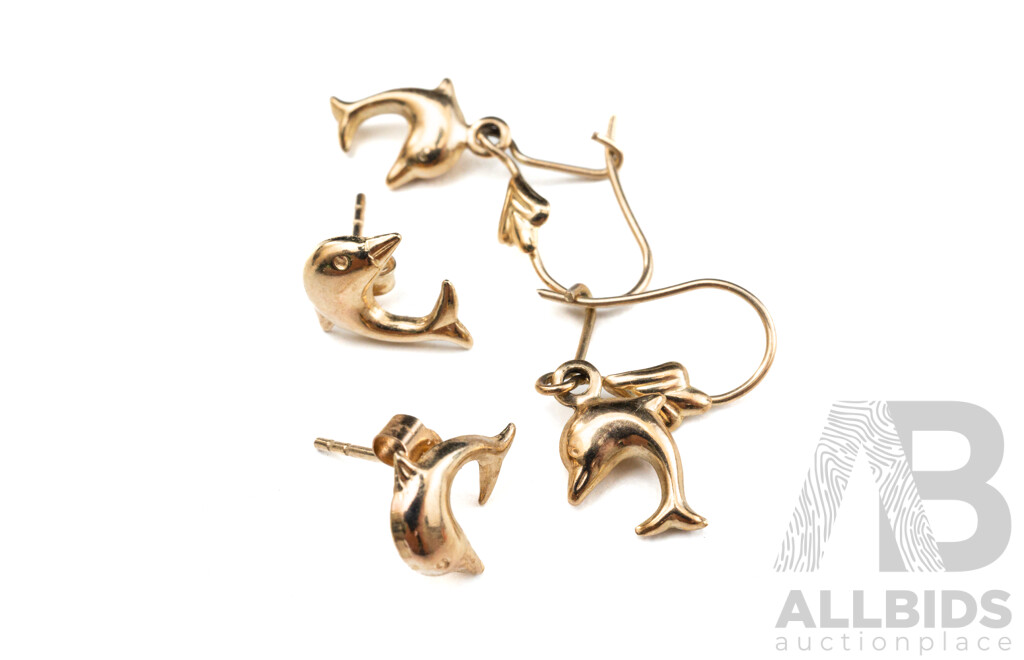 9ct Dolphin Drop Earrings on Latched Hooks & 9ct Dolphin Stud Earrings, 1.07 Grams