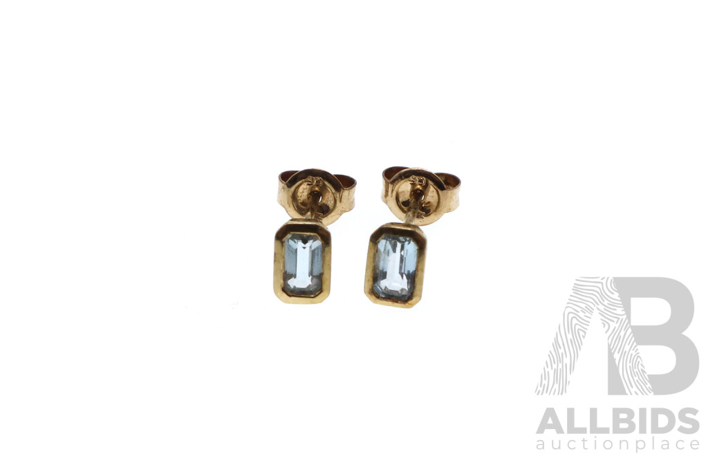 9ct Blue Topaz Emerald Cut Bezel Set Stud Earrings, 6.2mm Long, 0.94 Grams