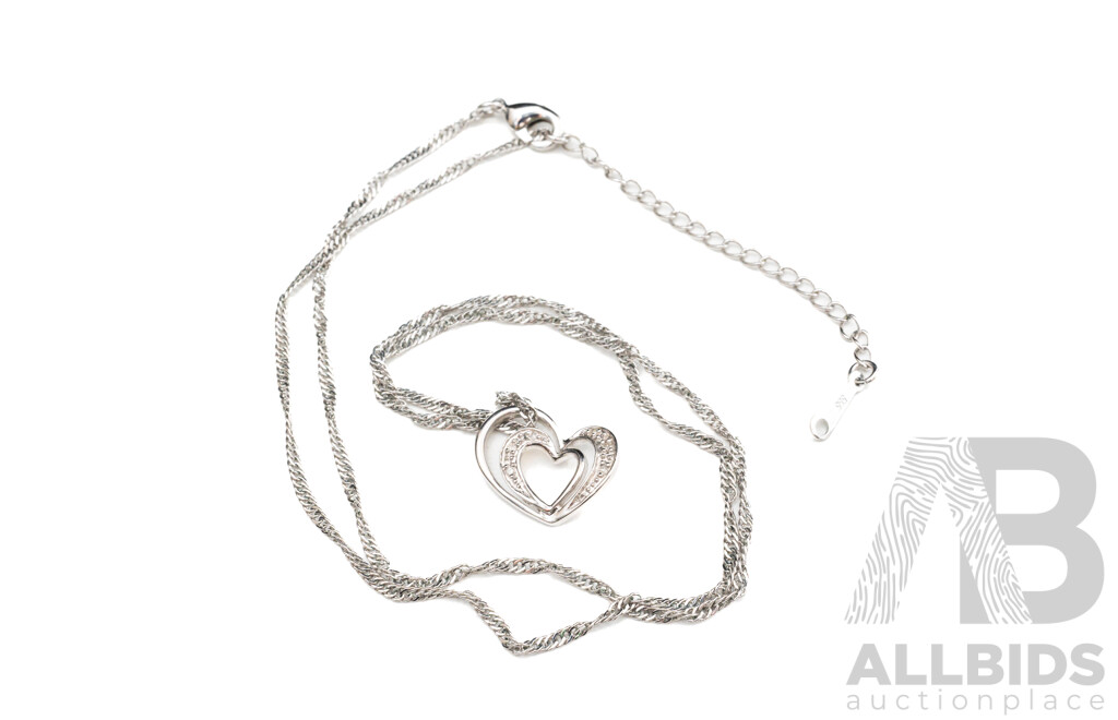 14ct White Gold Rope Twist Chain with 9ct White Gold Diamond Set Heart Pendant, TDW 0.03ct, 3.42 Grams