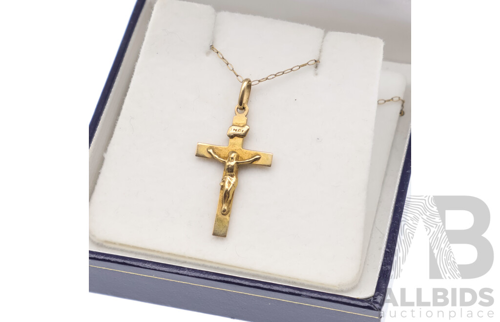 9ct Crucifix Pendant From Prouds, 25mm X 15mm, 1.02 Grams on 1/20 12K Fine Belcher Link Chain, 45cm