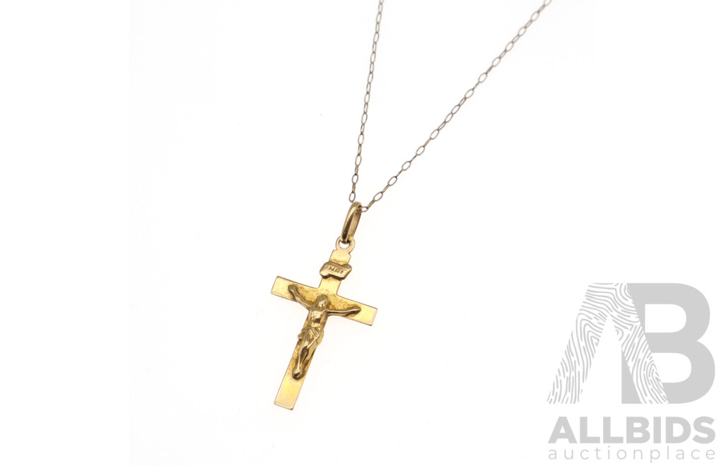 9ct Crucifix Pendant From Prouds, 25mm X 15mm, 1.02 Grams on 1/20 12K Fine Belcher Link Chain, 45cm