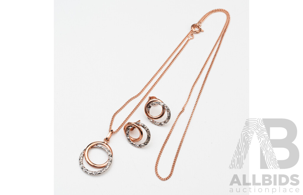 A&C 9ct Rose & White Gold Double Circle Pendant & Matching Earrings, 2.11 Grams - as New with Presentation Chain