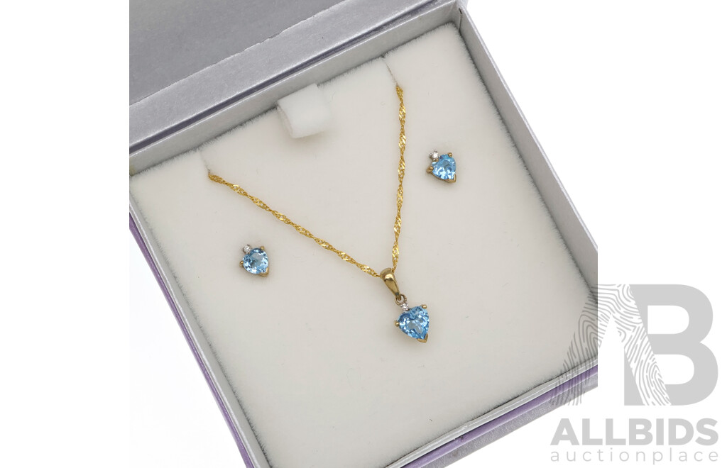 Goldmark 9ct Heart Cut Blue Topaz & Diamond Pendant & Chain with Matching 9ct Stud Earrings, TDW0.015ct, 1.89 Grams, Boxed