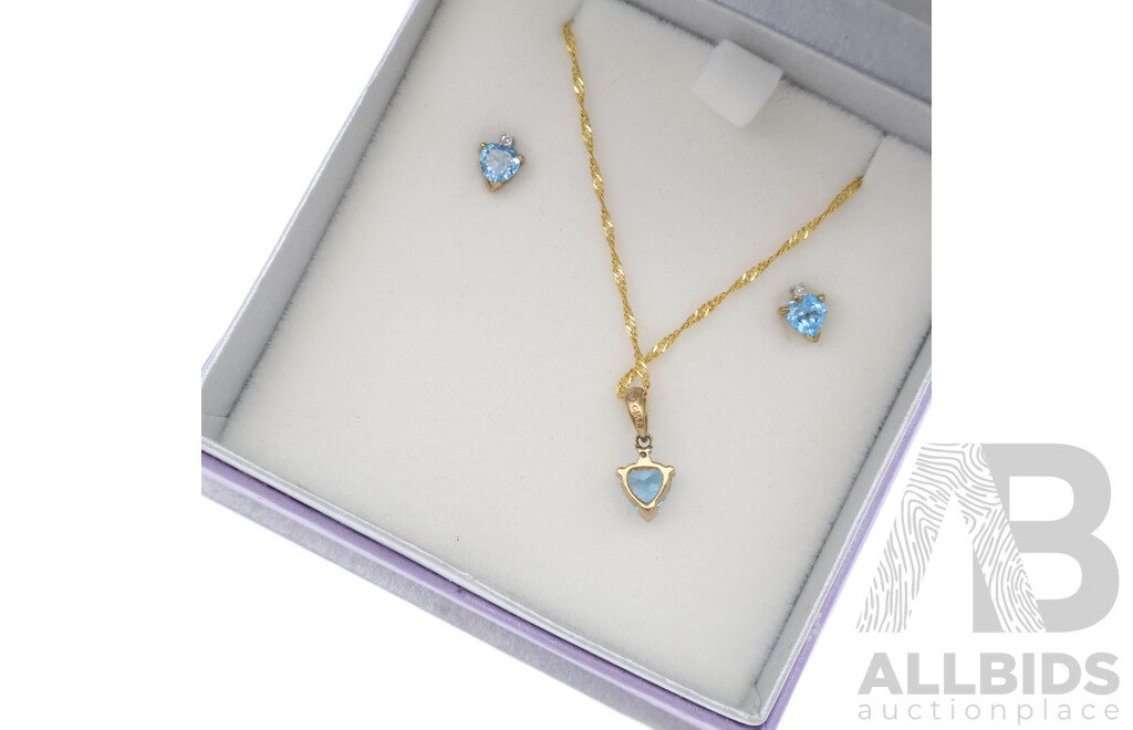 Goldmark 9ct Heart Cut Blue Topaz & Diamond Pendant & Chain with Matching 9ct Stud Earrings, TDW0.015ct, 1.89 Grams, Boxed