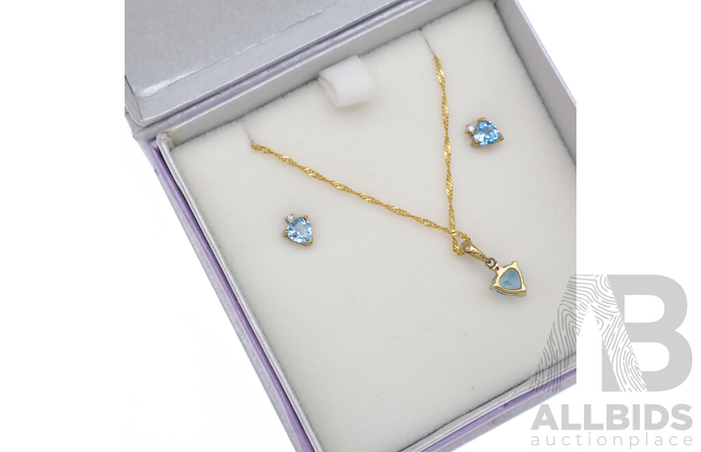 Goldmark 9ct Heart Cut Blue Topaz & Diamond Pendant & Chain with Matching 9ct Stud Earrings, TDW0.015ct, 1.89 Grams, Boxed