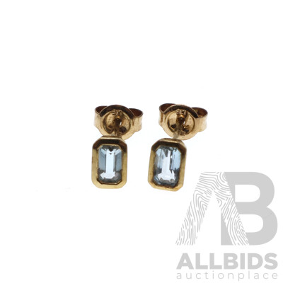 9ct Blue Topaz Emerald Cut Bezel Set Stud Earrings, 6.2mm Long, 0.94 Grams