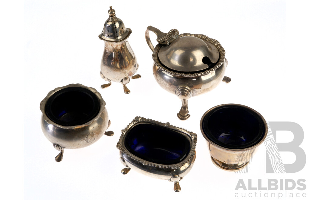 Collection Antique Sterling Silver Condiment Sets with Bristol Blue Glass Liners, Various Hallmarks