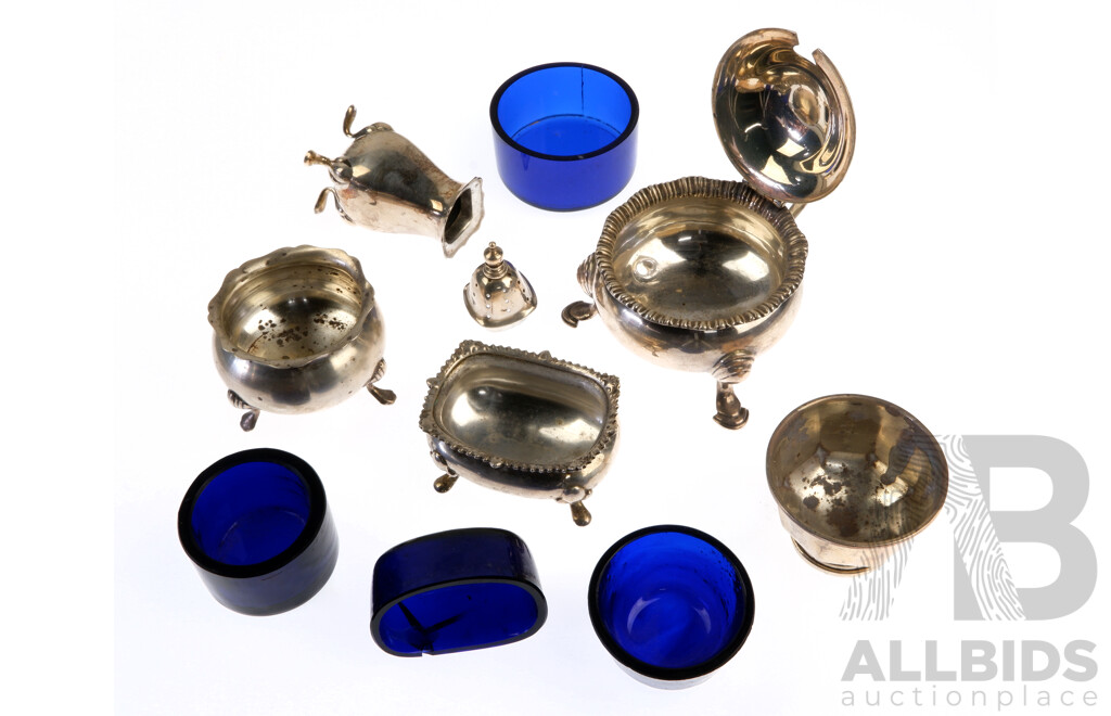 Collection Antique Sterling Silver Condiment Sets with Bristol Blue Glass Liners, Various Hallmarks