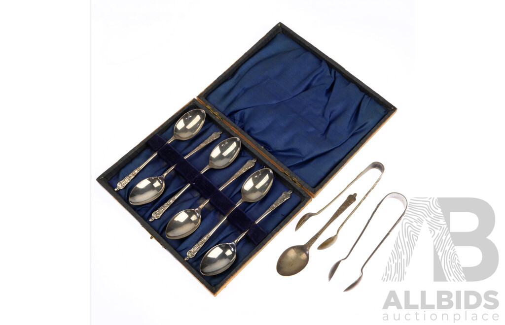 Set Six Silver Plate Apostle Spoons in Case Along With Two Sets Apostle Sugar Tongs and Another Apostle Teaspoon