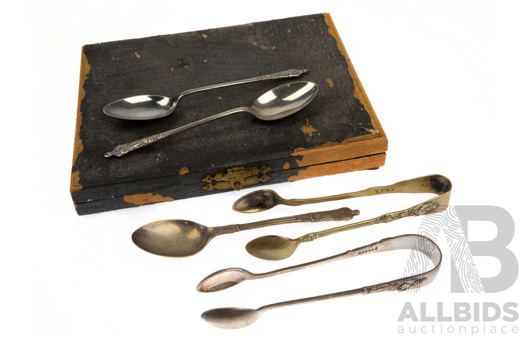 Set Six Silver Plate Apostle Spoons in Case Along With Two Sets Apostle Sugar Tongs and Another Apostle Teaspoon