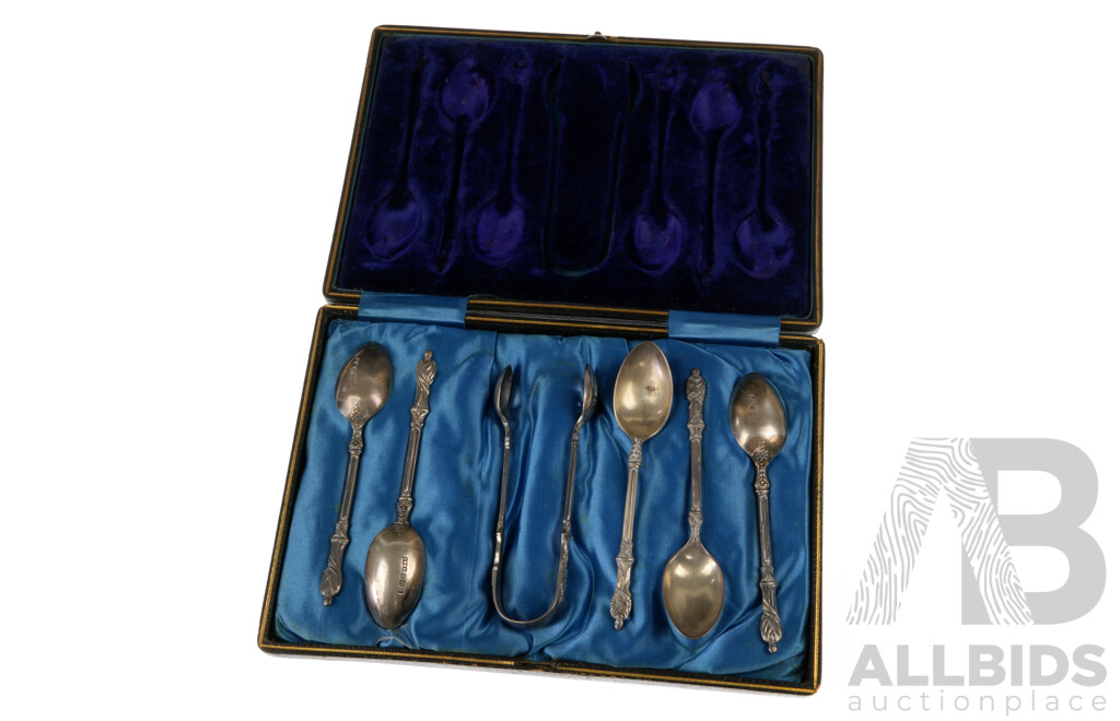 Set Five Sterling Silver Apostle Spoons and Set of Sugar Tongs in Case, Sheffield 1902