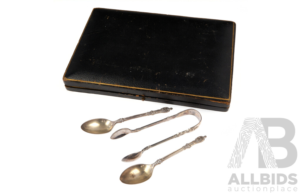 Set Five Sterling Silver Apostle Spoons and Set of Sugar Tongs in Case, Sheffield 1902