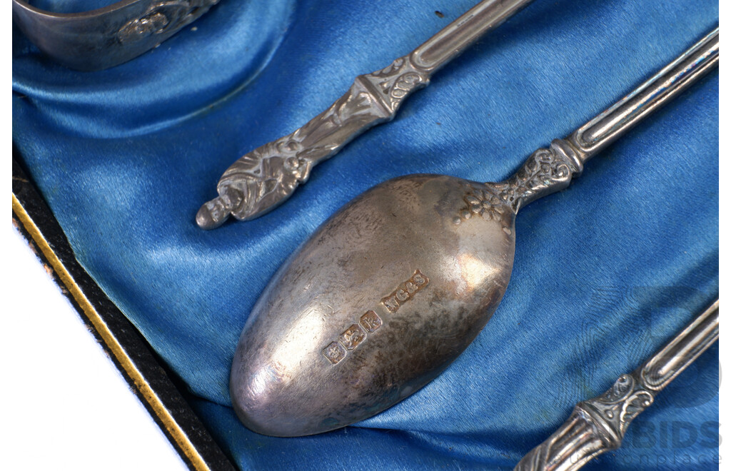 Set Five Sterling Silver Apostle Spoons and Set of Sugar Tongs in Case, Sheffield 1902