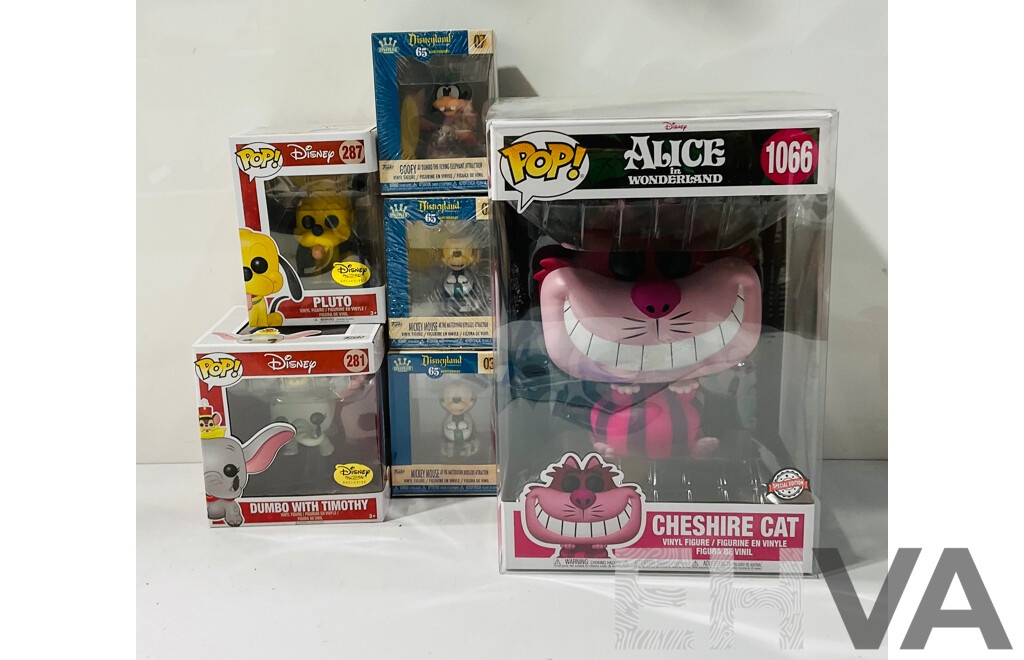 Three Oversized Alice in Wonderlands Funko Pops in Original Packaging Including Cheshire Cat, Alice with Flowers and Alice at the Mad Tea Party