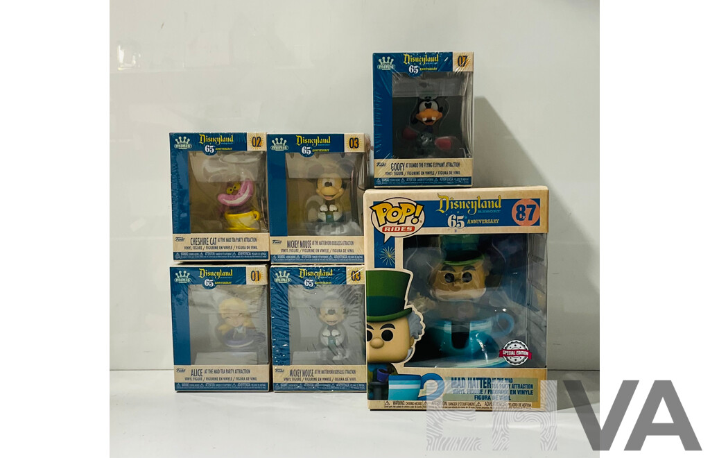 Collection of Disneyland Resorts 65th Anniversary Funko Pop Figures Including Three Funko Mini Figures