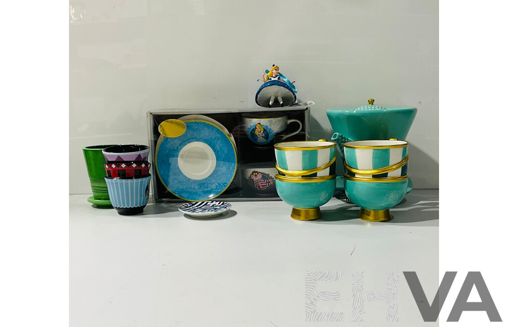 Collection of Alice in Wonderland Tea Cups and Related Items Including Alice in Wonderland Teacup Set, Mad Hatter Kettle and More