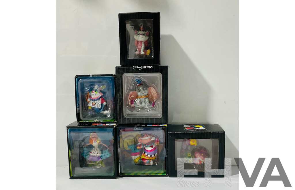 Collection of Six Disney Britto Figures Including Alice, Dumbo, the White Rabbit and More in Original Packaging