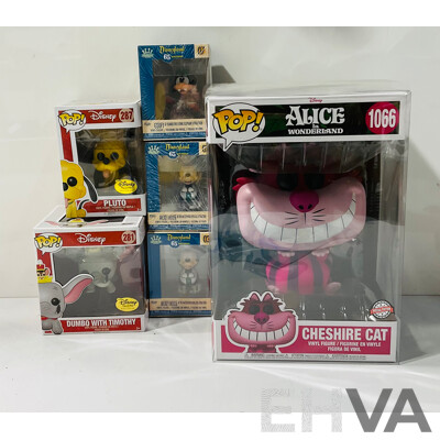 Three Oversized Alice in Wonderlands Funko Pops in Original Packaging Including Cheshire Cat, Alice with Flowers and Alice at the Mad Tea Party