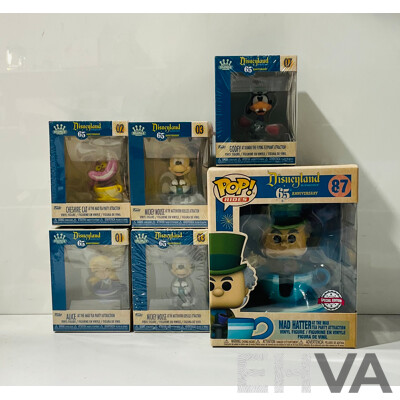 Collection of Disneyland Resorts 65th Anniversary Funko Pop Figures Including Three Funko Mini Figures