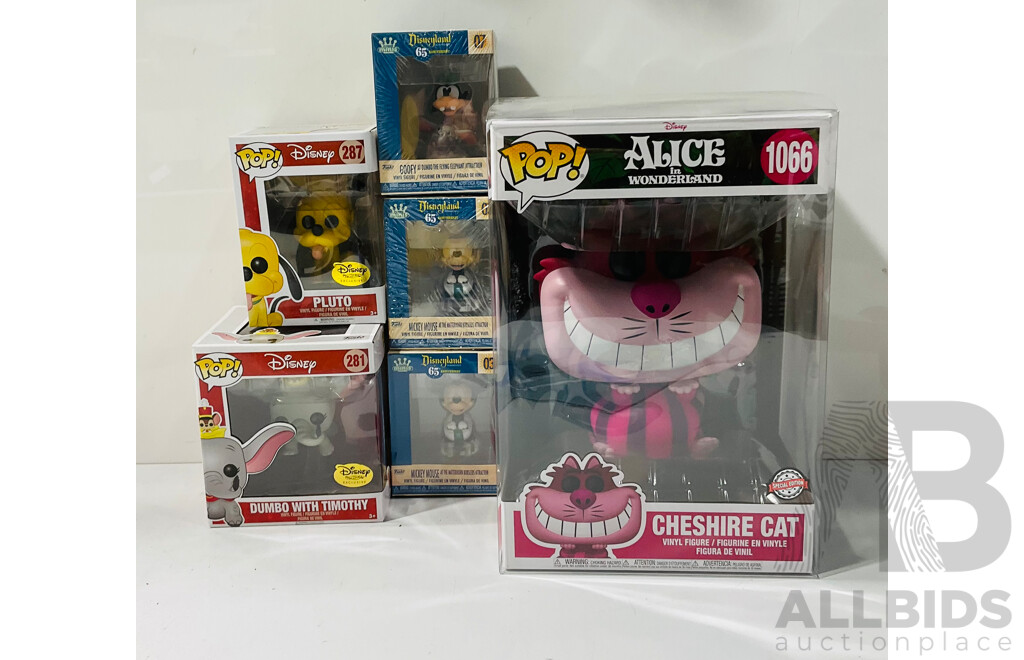 Three Oversized Alice in Wonderlands Funko Pops in Original Packaging Including Cheshire Cat, Alice with Flowers and Alice at the Mad Tea Party