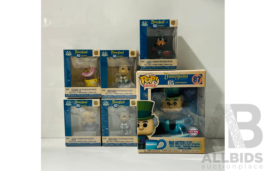 Collection of Disneyland Resorts 65th Anniversary Funko Pop Figures Including Three Funko Mini Figures