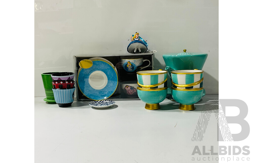 Collection of Alice in Wonderland Tea Cups and Related Items Including Alice in Wonderland Teacup Set, Mad Hatter Kettle and More