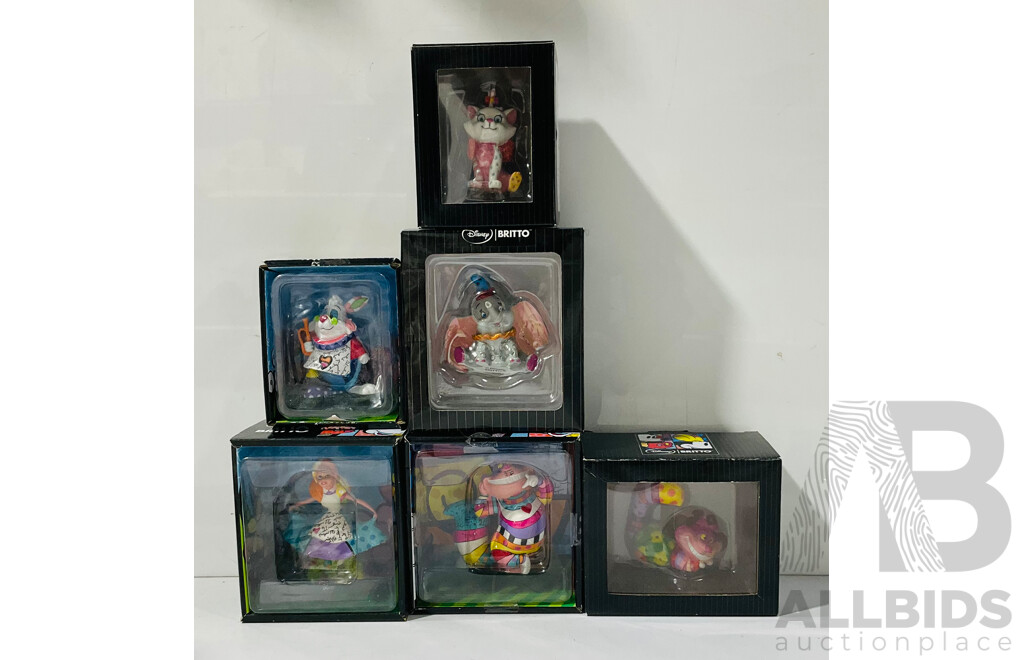 Collection of Six Disney Britto Figures Including Alice, Dumbo, the White Rabbit and More in Original Packaging